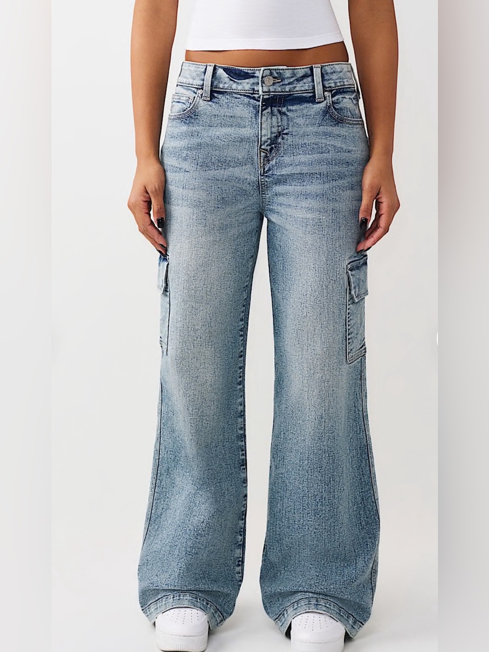 True Religion Bobbi Mid Rise Baggy Cargo Jeans In Light Odyssey Wash Size 28